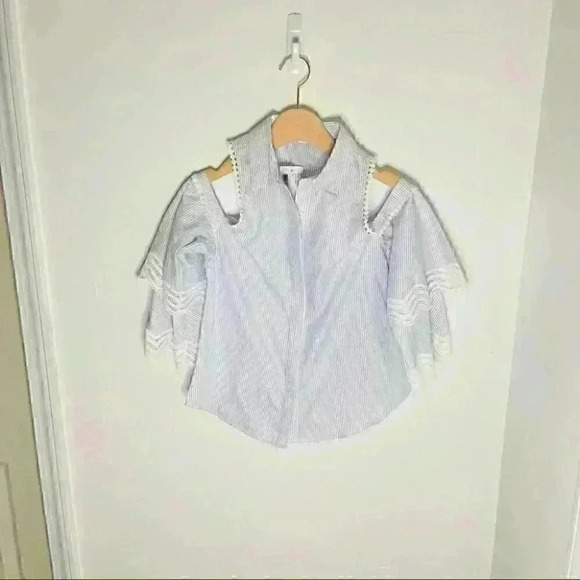 NWT Jonathan Simkhai Button Front Cold Shoulder Pinstripe Bell Sleeve Blouse - Picture 3 of 7